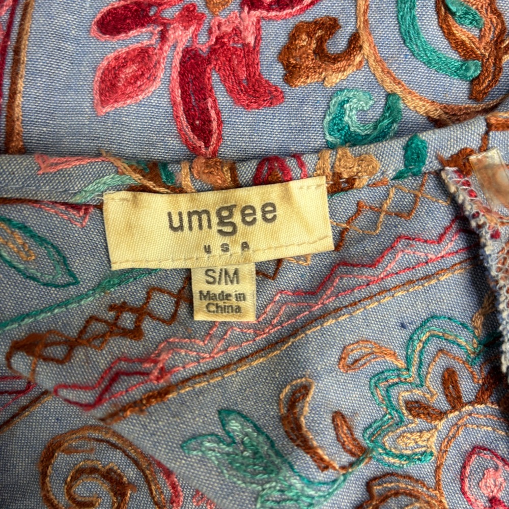 Umgee Kimono Wrap Womens S/M Blue Embroidered Floral Boho Festival Coastal Folk - Picture 4 of 13